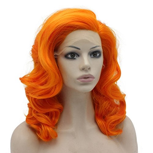 MX angel Medium Long Wavy Heat Friendly Fiber Stylish Orange Lace front Costume Wig - Image 2