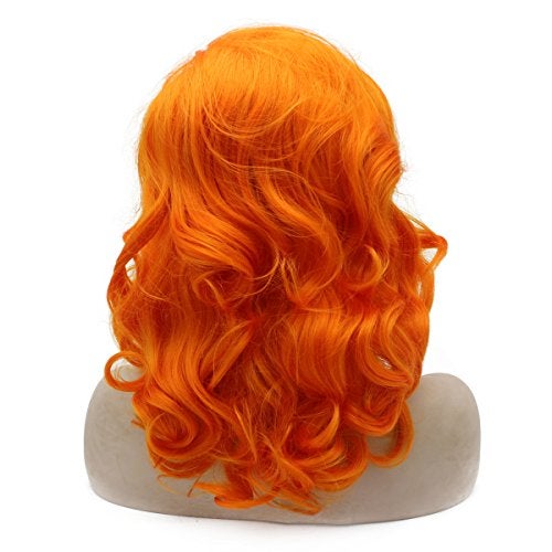 MX angel Medium Long Wavy Heat Friendly Fiber Stylish Orange Lace front Costume Wig - Image 4