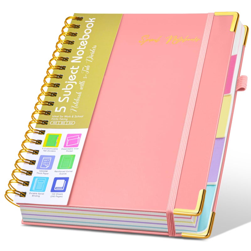 dilitego Hardcover Spiral Notebooks for Work, 5 Subject Notebook College Ruled with Dividers Tabs, Lined Organizer Notebook Journal for women, 8"x10" Large B5 Notebooks for School Note taking, 240 Pages Pink - Image 1
