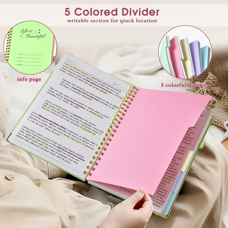 dilitego Hardcover Spiral Notebooks for Work, 5 Subject Notebook College Ruled with Dividers Tabs, Lined Organizer Notebook Journal for women, 8"x10" Large B5 Notebooks for School Note taking, 240 Pages Pink - Image 3