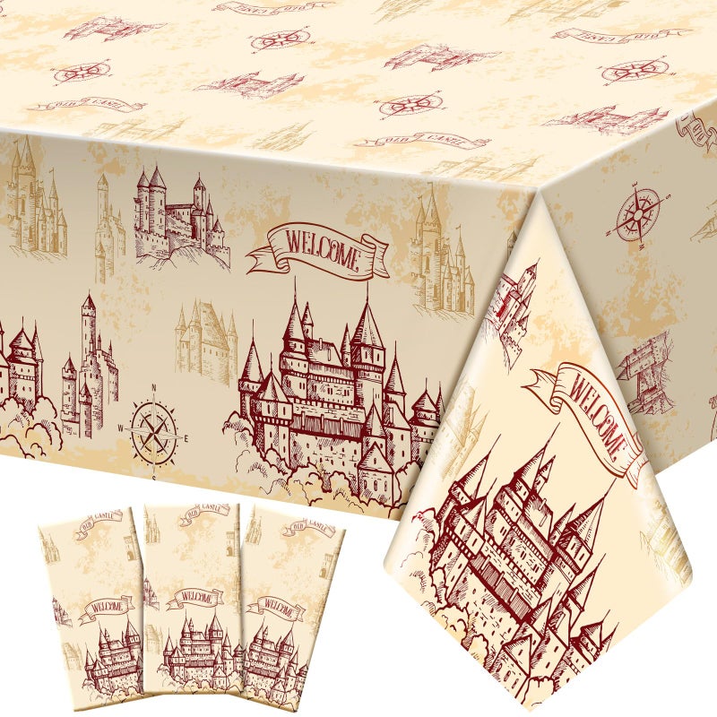 WovWeave 3 Pcs Wizard Tablecloth Decorations Wizard Party Plastic Table Cloth Disposable Vintage Castle Decor for Decoration Halloween Witch Party Supplies - Image 2