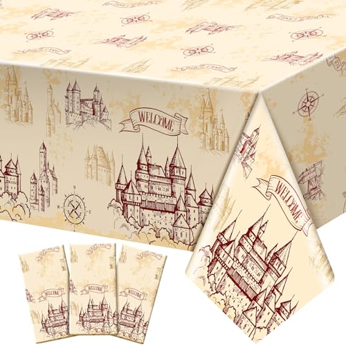 WovWeave 3 Pcs Wizard Tablecloth Decorations Wizard Party Plastic Table Cloth Disposable Vintage Castle Decor for Decoration Halloween Witch Party Supplies - Image 1