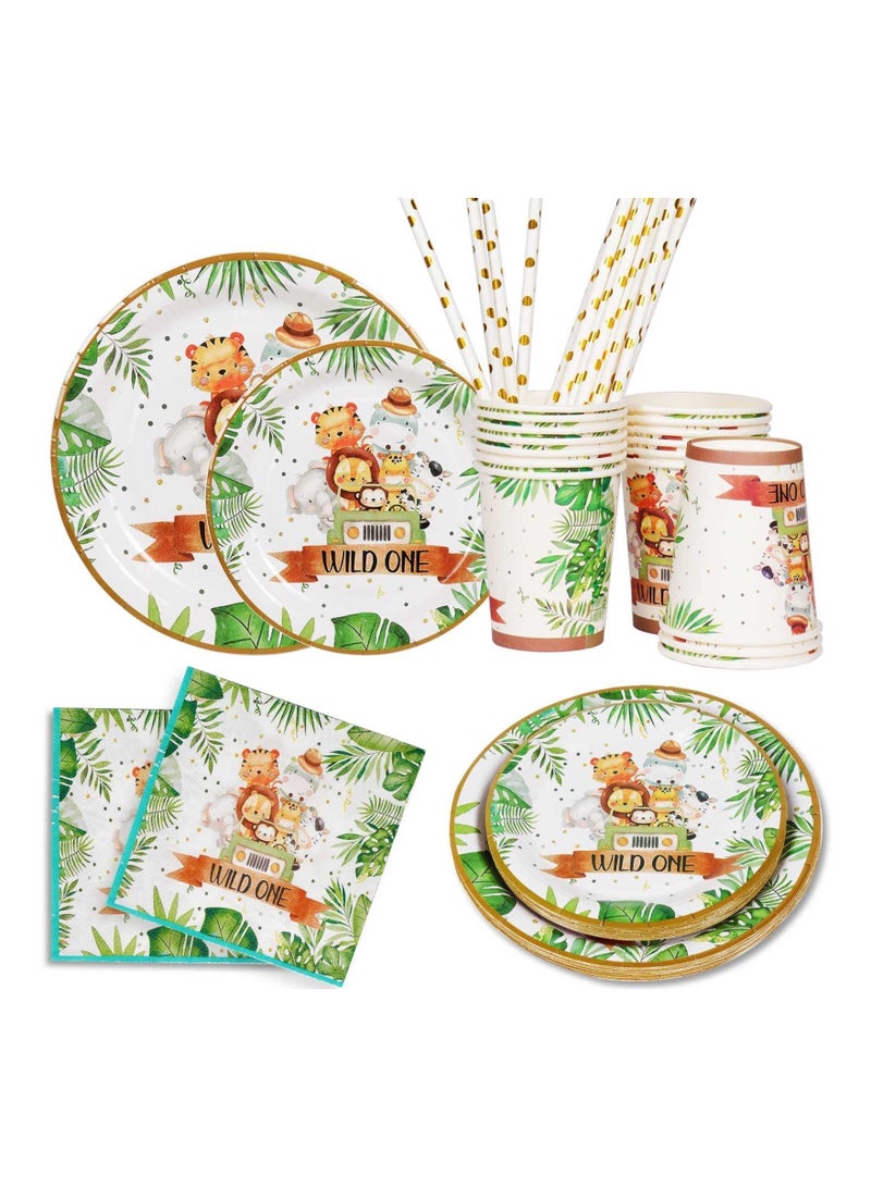 SYOSI Wild One Birthday Decorations Plates Set for 20 Guests, Boys Safari Jungle Theme Party Disposable Green Paper Cups Napkins Straws Tableware of Supplies - Image 1