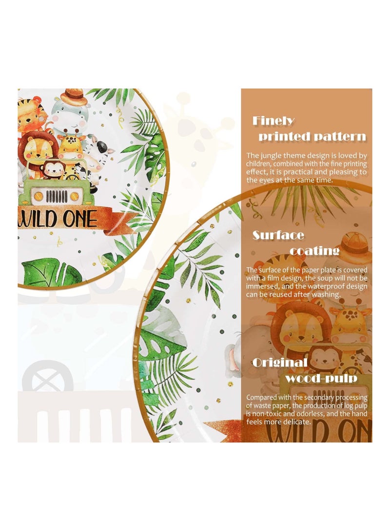 SYOSI Wild One Birthday Decorations Plates Set for 20 Guests, Boys Safari Jungle Theme Party Disposable Green Paper Cups Napkins Straws Tableware of Supplies - Image 3