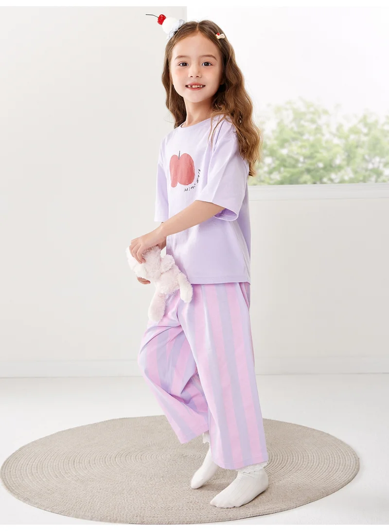 mini bala Unisex Kid Premium Soft Apple - Printed Short - Sleeve Top & Striped Pants Loungewear Set, Breathable, Comfortable, Adorable Apple Detail, Stylish Striped Design, Perfect for Sleep & Casual Home Activities Children's Outfit