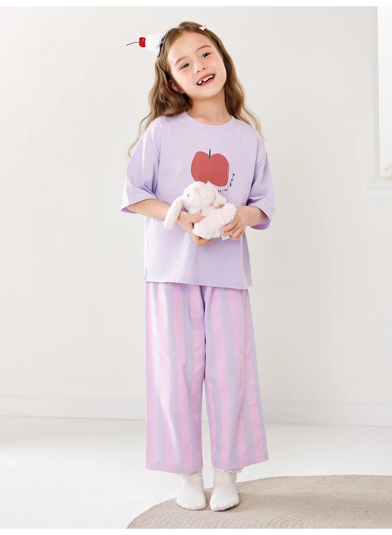 mini bala Unisex Kid Premium Soft Apple - Printed Short - Sleeve Top & Striped Pants Loungewear Set, Breathable, Comfortable, Adorable Apple Detail, Stylish Striped Design, Perfect for Sleep & Casual Home Activities Children's Outfit