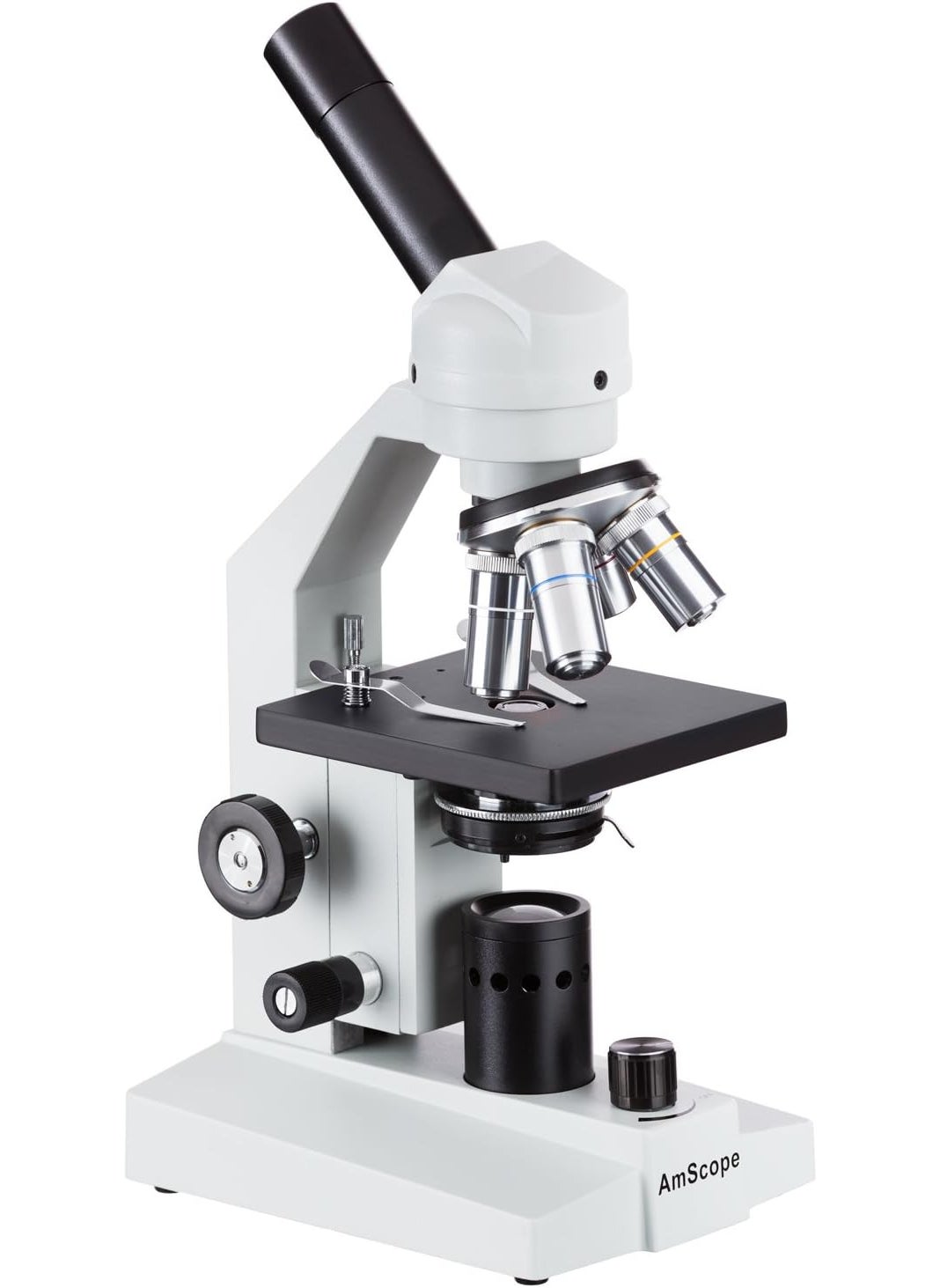 AmScope AmScope M500BLED Cordless Monocular Compound Microscope WF10x and WF20x Eyepieces 40x2000x Magnification AntiMold Optics LED Illumination Brightfield Abbe Condenser Coarse and Fine Focus Plain Stage 110V or Battery  - Image 2