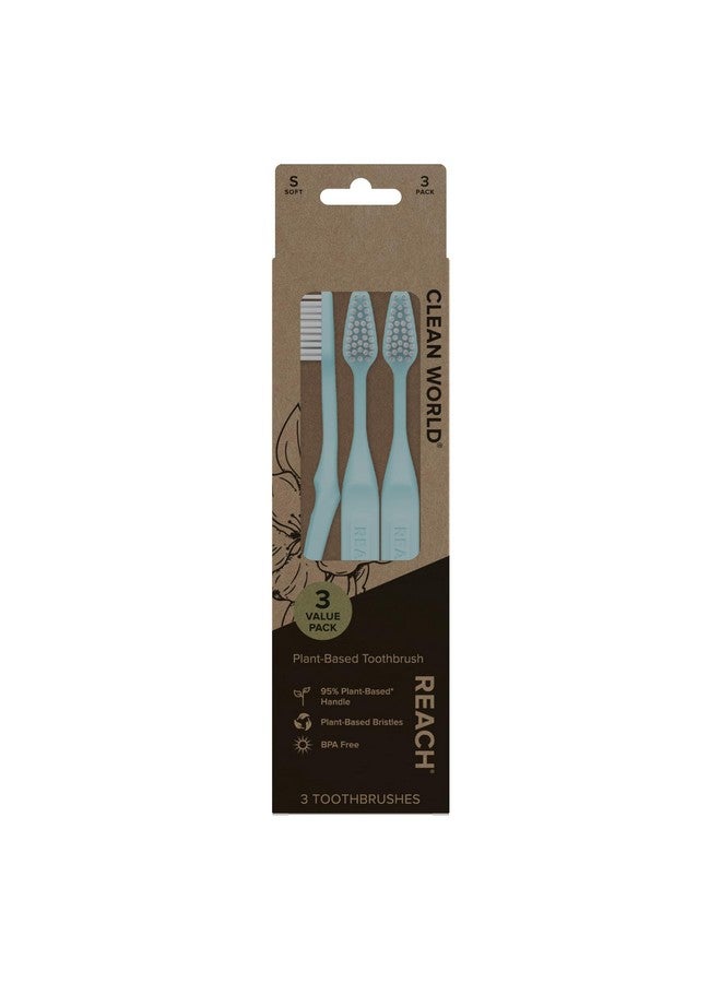 Reach Clean World Plant-Based Toothbrush, Soft Bristles, Vegan Friendly, Recyclable Packaging, 3 Count - Image 1