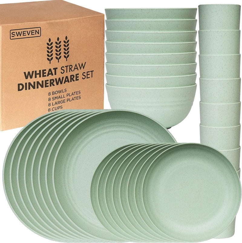 SWEVEN Wheat Straw Dinnerware Sets | Unbreakable Dinnerware Sets | Dishwasher Microwave Safe Dinnerware | Eco Friendly Non Breakable Dinnerware Sets | RV Outdoor Camping (Green, Service for 8 (32 pcs)) - Image 1