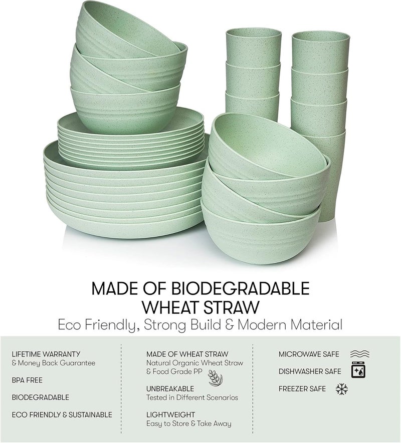 SWEVEN Wheat Straw Dinnerware Sets | Unbreakable Dinnerware Sets | Dishwasher Microwave Safe Dinnerware | Eco Friendly Non Breakable Dinnerware Sets | RV Outdoor Camping (Green, Service for 8 (32 pcs)) - Image 3