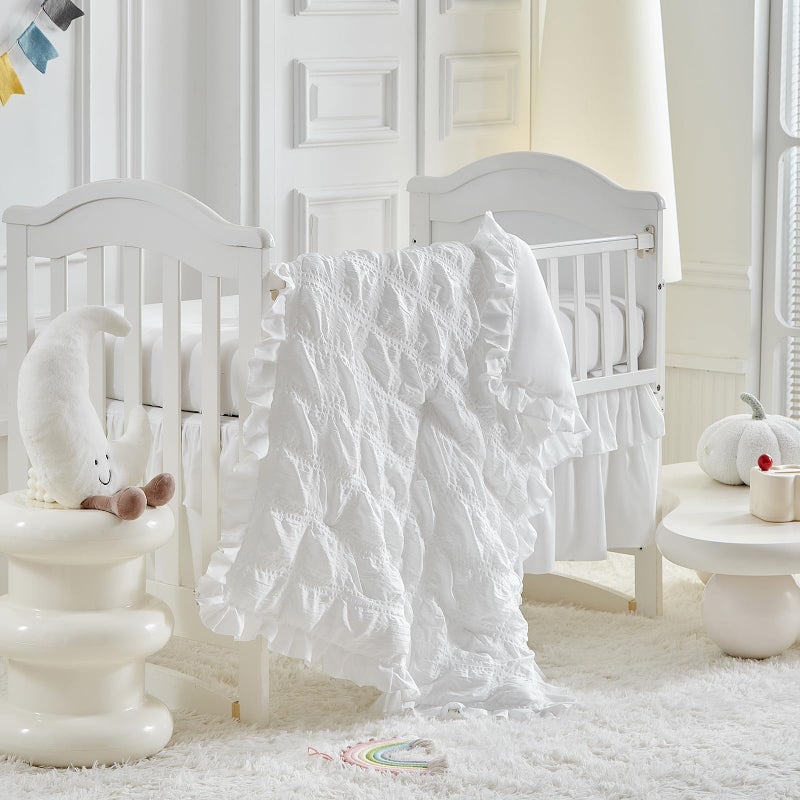 Uozzi Bedding Ruffled Crib Bedding Set Baby Boho Quilted Comforter with Fitted Sheet and Bed Skirt - Cute Soft Breathable Seersucker Ruffled Shabby Chic Bedding Soft Blanket Design - White - Image 1