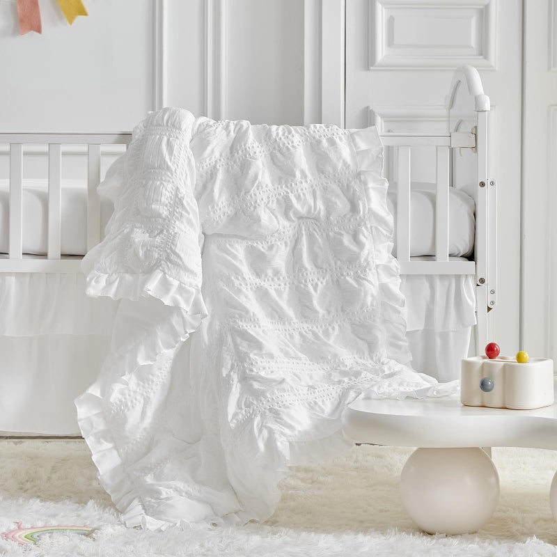 Uozzi Bedding Ruffled Crib Bedding Set Baby Boho Quilted Comforter with Fitted Sheet and Bed Skirt - Cute Soft Breathable Seersucker Ruffled Shabby Chic Bedding Soft Blanket Design - White - Image 4