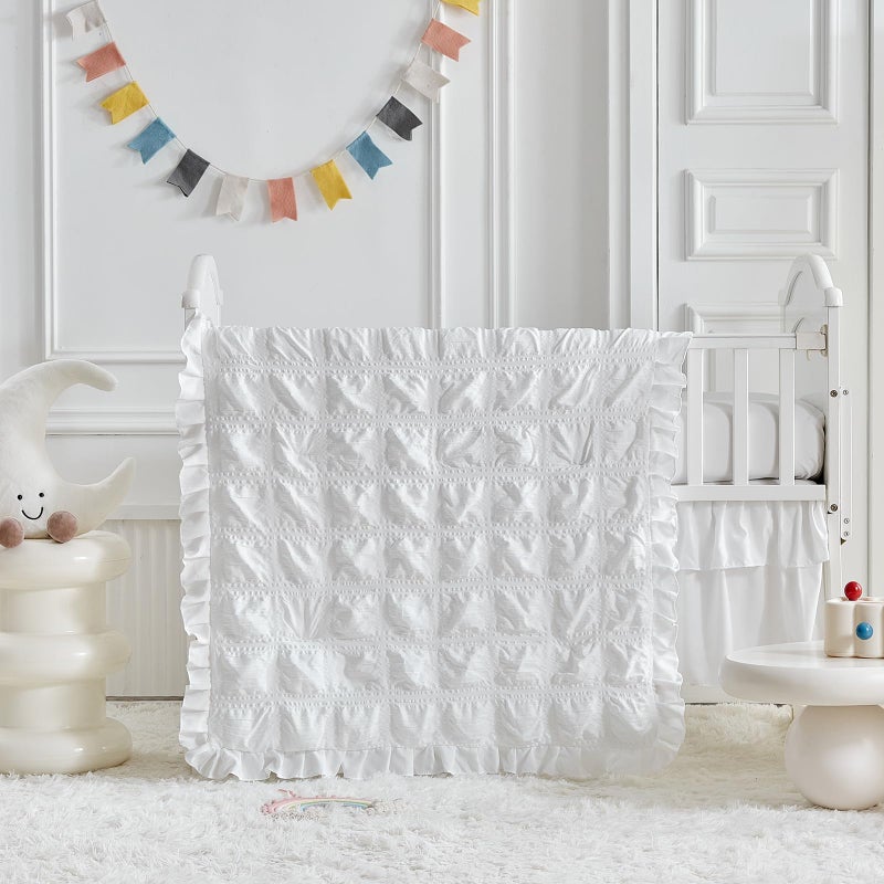 Uozzi Bedding Ruffled Crib Bedding Set Baby Boho Quilted Comforter with Fitted Sheet and Bed Skirt - Cute Soft Breathable Seersucker Ruffled Shabby Chic Bedding Soft Blanket Design - White - Image 2