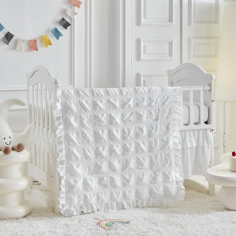 Uozzi Bedding Ruffled Crib Bedding Set Baby Boho Quilted Comforter with Fitted Sheet and Bed Skirt - Cute Soft Breathable Seersucker Ruffled Shabby Chic Bedding Soft Blanket Design - White - Image 3