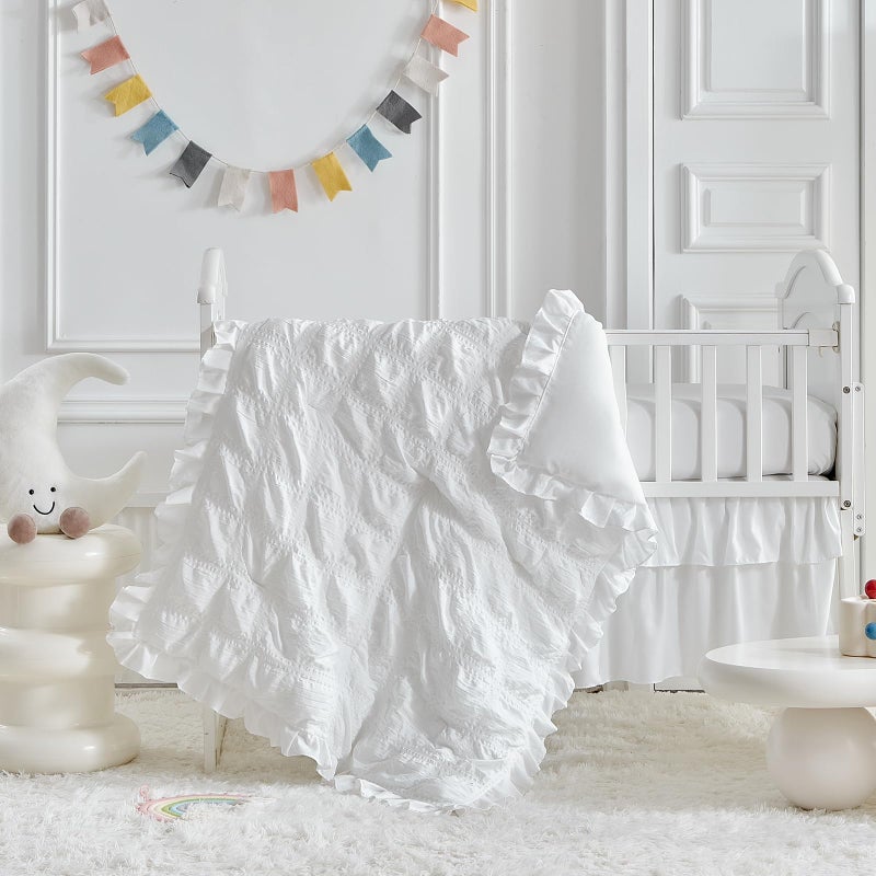 Uozzi Bedding Ruffled Crib Bedding Set Baby Boho Quilted Comforter with Fitted Sheet and Bed Skirt - Cute Soft Breathable Seersucker Ruffled Shabby Chic Bedding Soft Blanket Design - White - Image 5