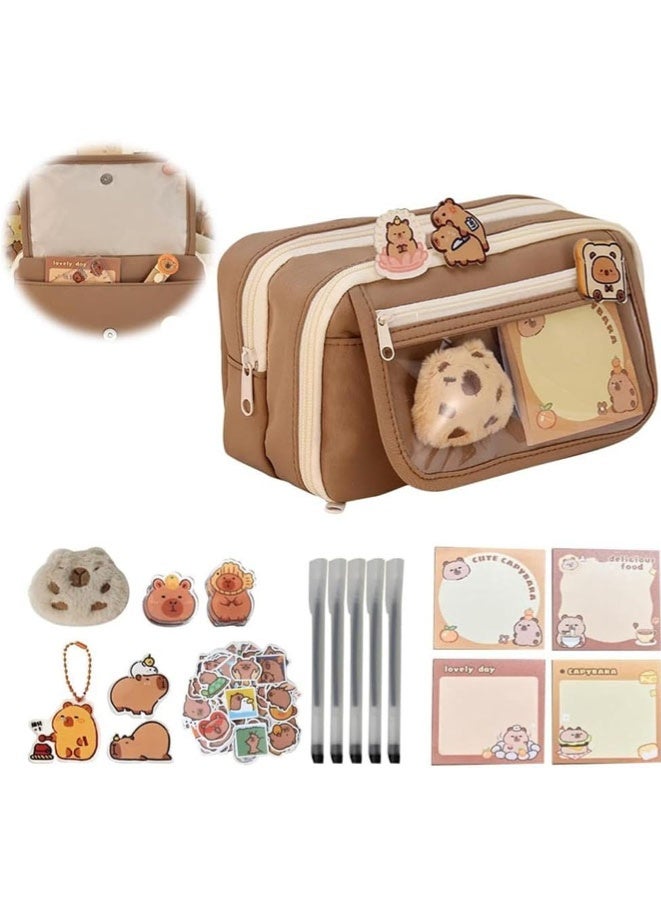 FASHION MANIA Cute Capybara Pencil Case Set,Clear Aesthetic Pen Pouch with Multi-Layer Compartments, Large Capacity for School Supplies - Image 1