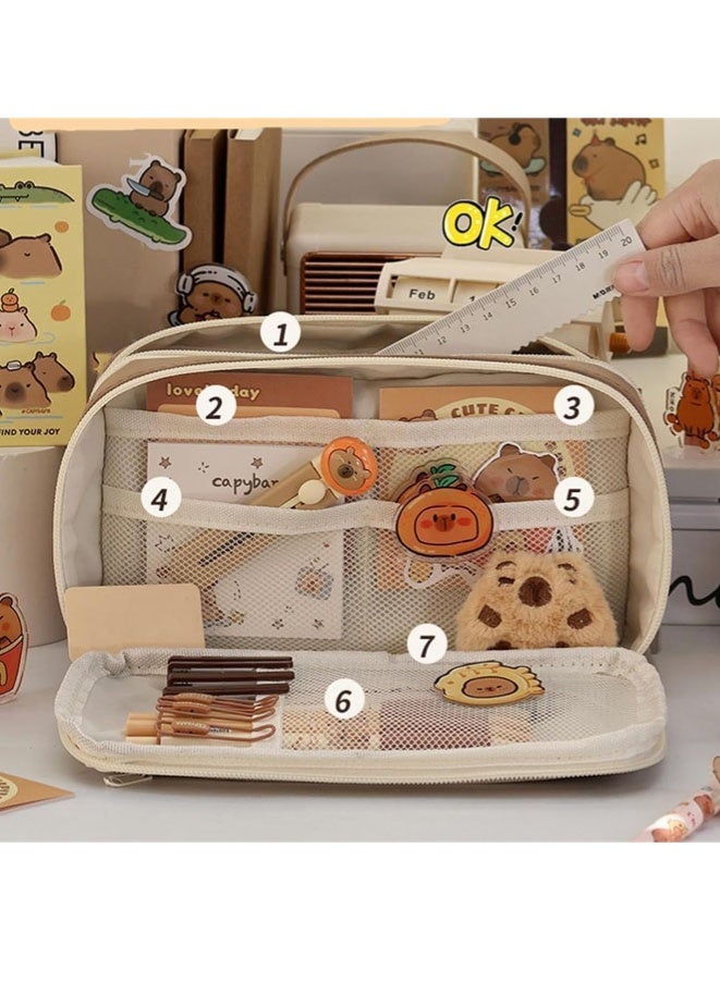 FASHION MANIA Cute Capybara Pencil Case Set,Clear Aesthetic Pen Pouch with Multi-Layer Compartments, Large Capacity for School Supplies - Image 2