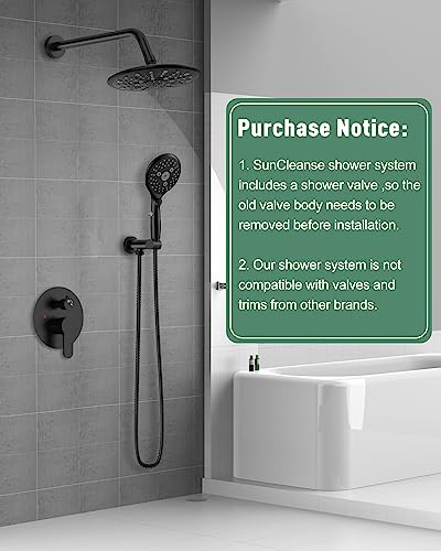 Suncleanse Black Shower Faucet Sets - 8.5" Rain Shower Head Combo with 7-Setting handheld Spray Complete Shower System - Rainfall Shower Fixtures with Rough-in Valve and Trim Kit for Luxury Bathroom - Image 2