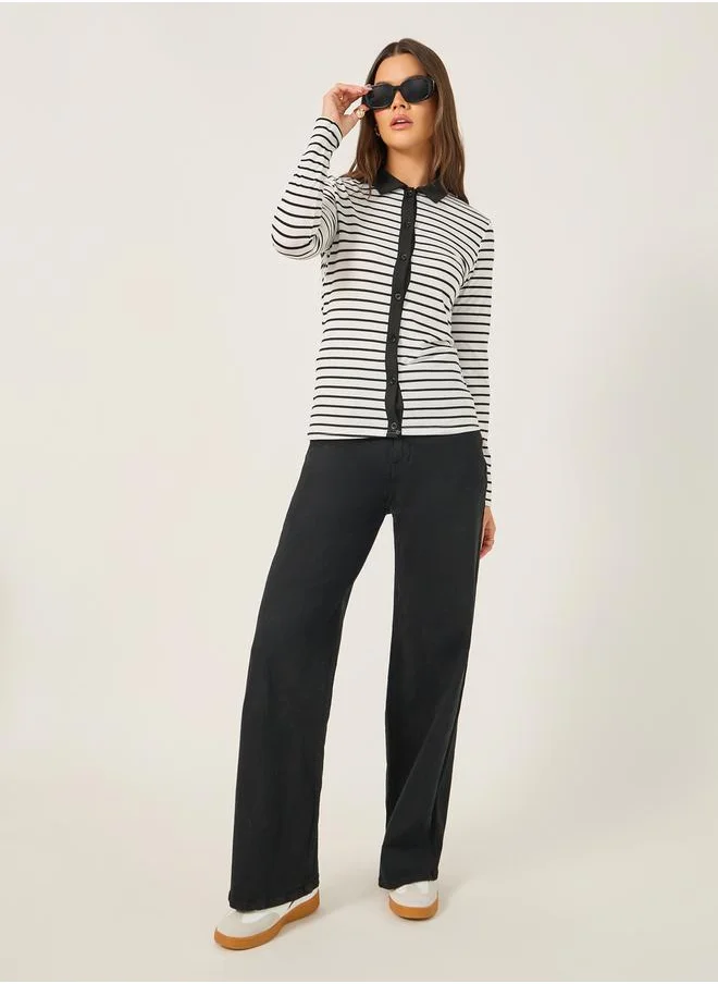 ستايلي Striped Knit Top with Contrast Collar Detail