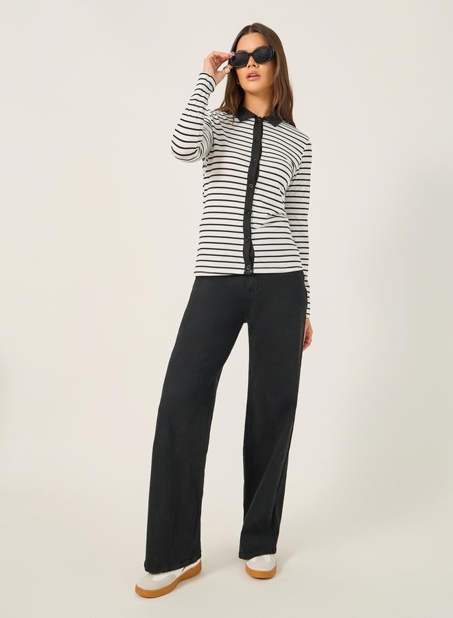 Styli Striped Knit Top with Contrast Collar Detail  - Image 3