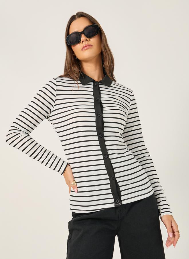 Styli Striped Knit Top with Contrast Collar Detail  - Image 2