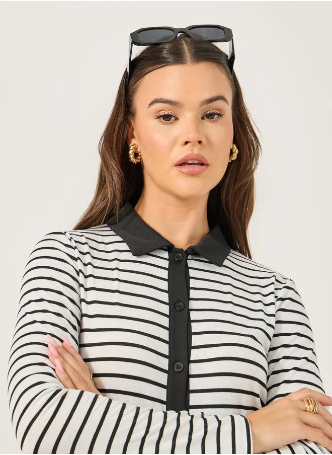 ستايلي Striped Knit Top with Contrast Collar Detail