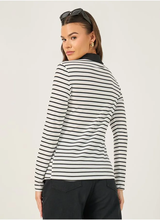 ستايلي Striped Knit Top with Contrast Collar Detail