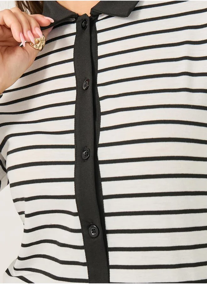ستايلي Striped Knit Top with Contrast Collar Detail