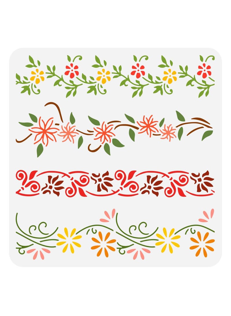 FINGERINSPIRE FINGERINSPIRE 4 Styles Vine Floral Border Stencil 11.8x11.8inch Reusable Plastic DIY Decorating Tool for Wood Wall Furniture  - Image 1
