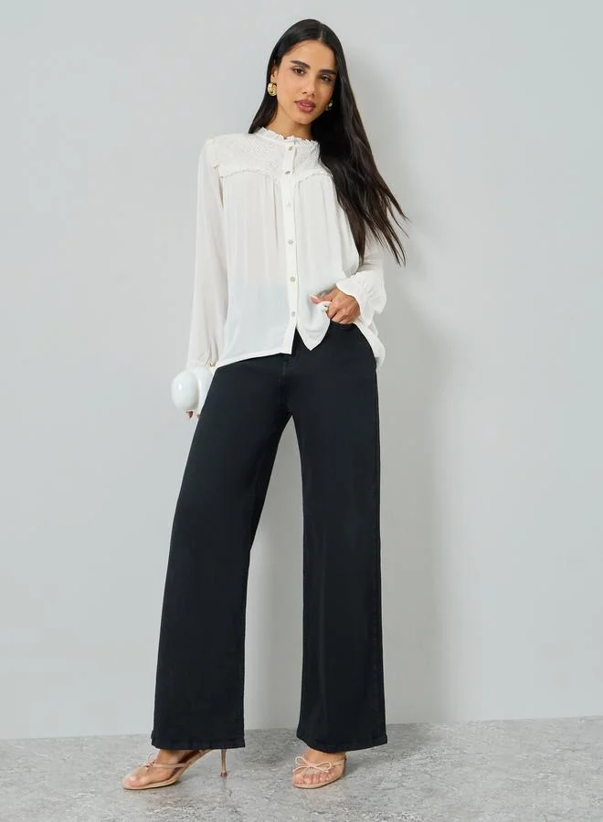 Styli Off White Long Sleeve Ruffle Blouse