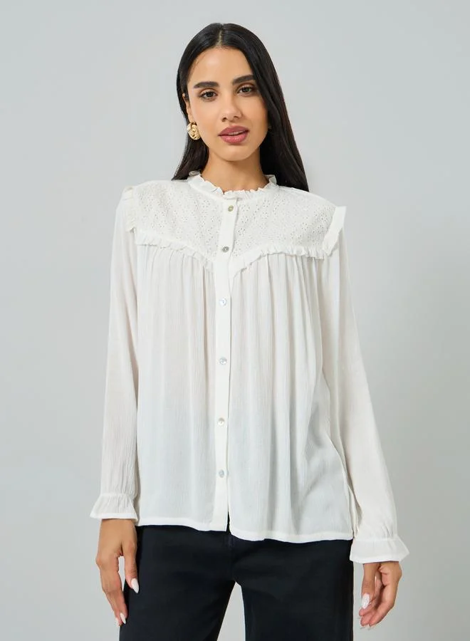 Styli Off White Long Sleeve Ruffle Blouse