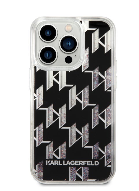 iPhone 14 Pro Max Liquid Glitter Case Monogram Pattern & Multicolor Glitter Back Cover / Officially licensed / Precision and easy access / Protect your smartphone in style -Black