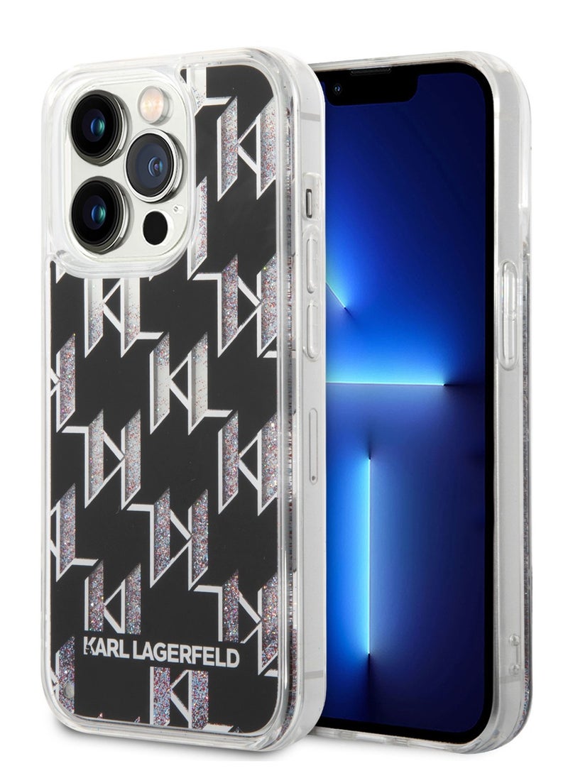 iPhone 14 Pro Max Liquid Glitter Case Monogram Pattern & Multicolor Glitter Back Cover / Officially licensed / Precision and easy access / Protect your smartphone in style -Black
