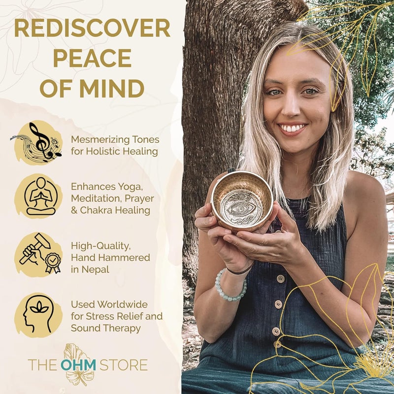 Ohm Tibetan Singing Bowl Set with Healing Mantra Engravings — Yoni Meditation Sound Bowl Handcrafted in Nepal — Yoga, Chakra Healing, Stress Relief, Mindfulness - Image 3