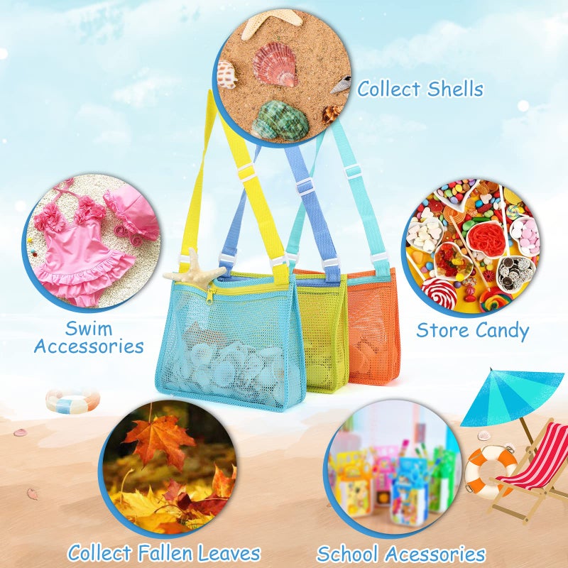 Tagitary Beach Toy Mesh Beach Bag Kids Shell Collecting Bag Beach Sand Toy Totes for Holding Shells Beach Toys Sand Toys Swimming Accessories for Boys and Girls(Only Bags,A Set of 3) - Image 5