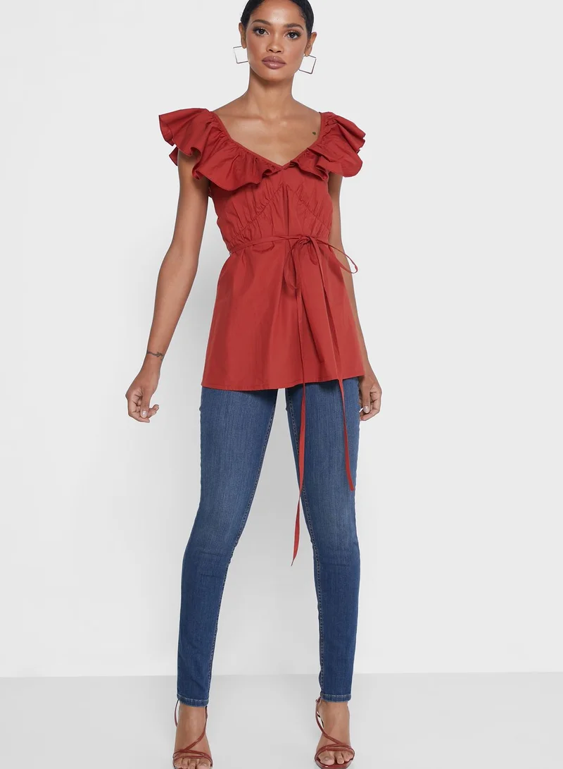 French Connection Azana Tie Waist Ruffle Detail Plunge Top