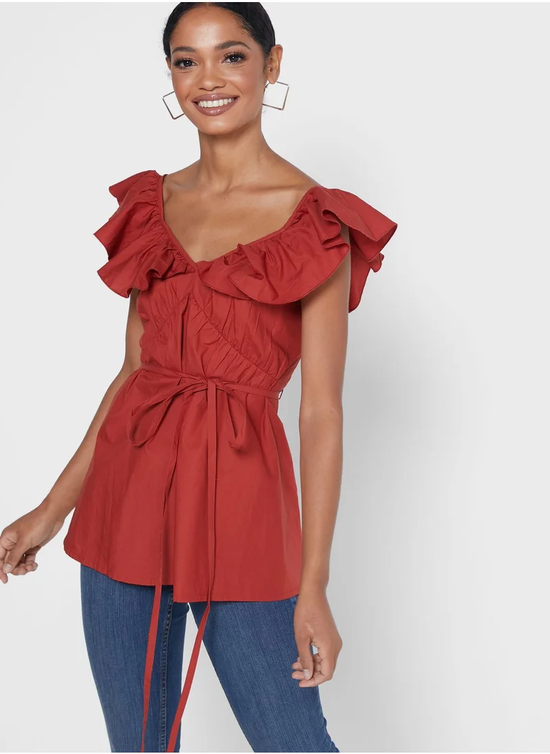 French Connection Azana Tie Waist Ruffle Detail Plunge Top