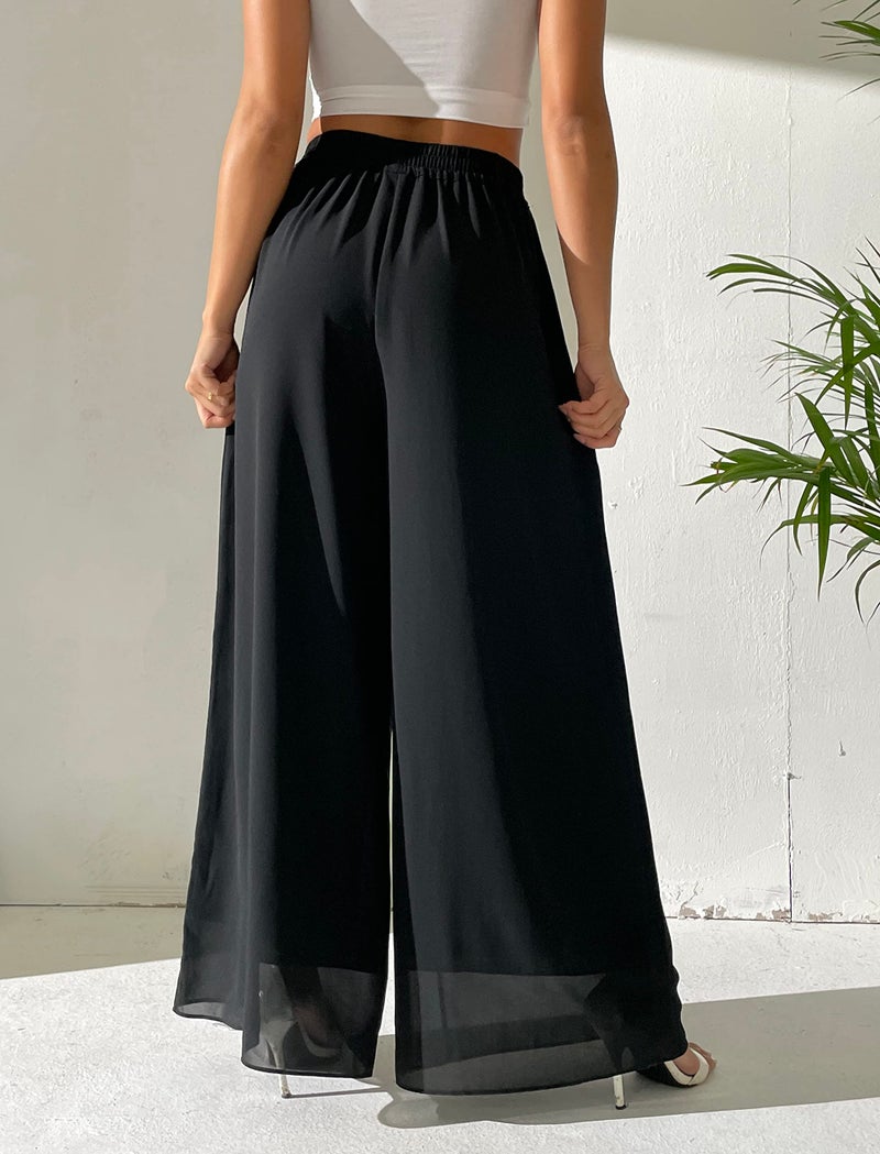 heipeiwa Women's Chiffon Dress Beach Wide Leg Palazzo Pants Elastic Waist Trouser - Image 2