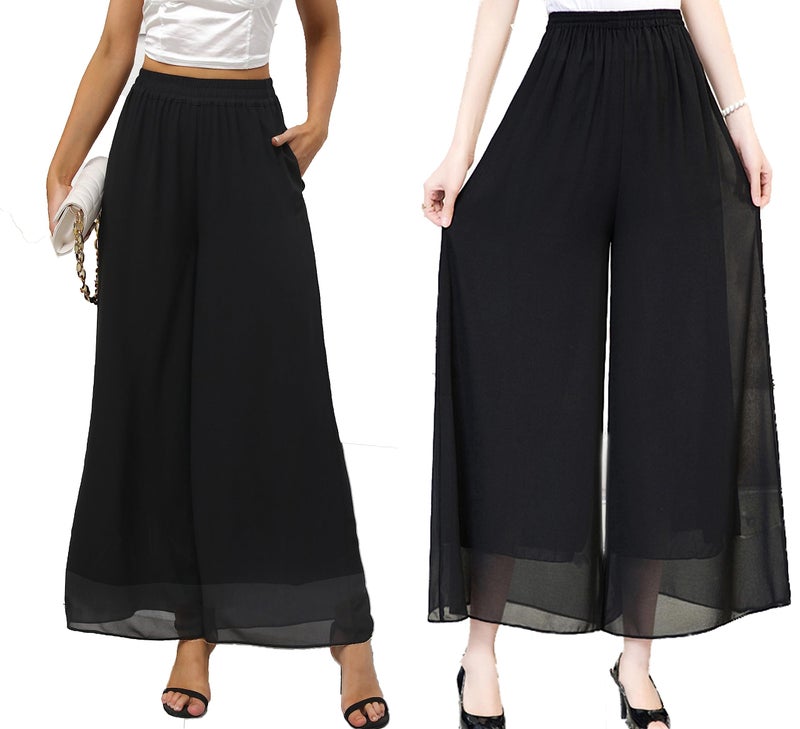 heipeiwa Women's Chiffon Dress Beach Wide Leg Palazzo Pants Elastic Waist Trouser - Image 3