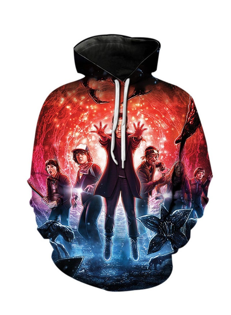سويت شيرت فضفاض بغطاء رأس وطبعة رقمية ثلاثية الأبعاد من Stranger Things - Image 1