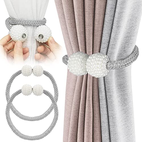 WBHLMZIR 8 Pack Magnetic Curtain Tiebacks with Pearls,Elegant Window Treatment Holdbacks for Heavy Outdoor Drapes (Grey) - Image 2