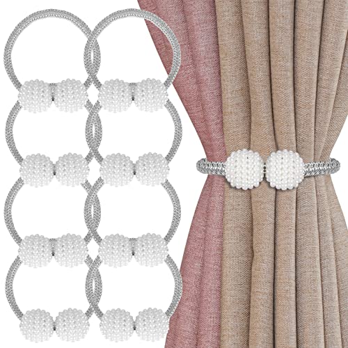 WBHLMZIR 8 Pack Magnetic Curtain Tiebacks with Pearls,Elegant Window Treatment Holdbacks for Heavy Outdoor Drapes (Grey) - Image 1