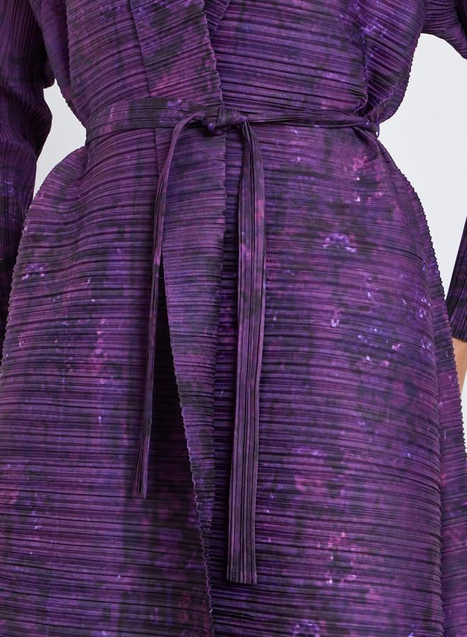 Take Two Solid Textured Pleated Belted Long Sleeve Abaya - Image 4