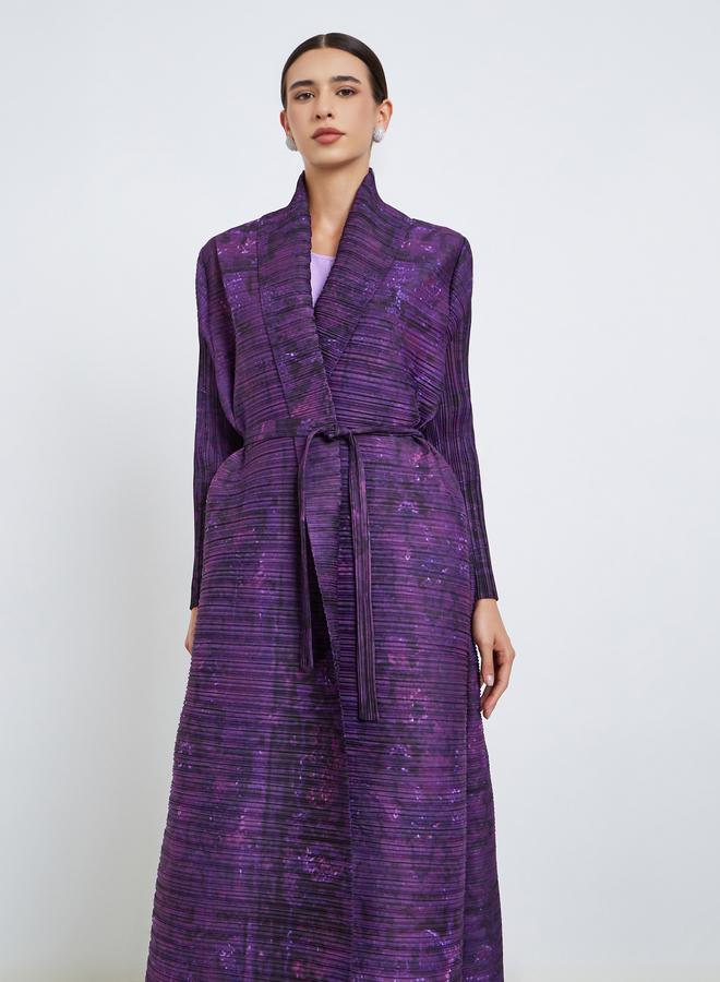 Take Two Solid Textured Pleated Belted Long Sleeve Abaya - Image 3