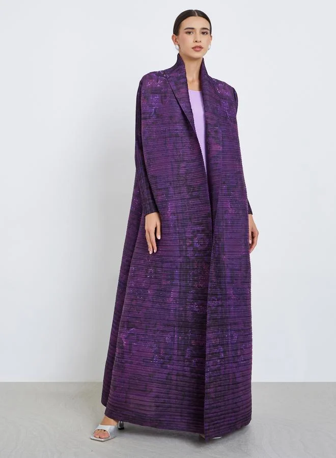 Take Two Solid Textured Pleated Belted Long Sleeve Abaya