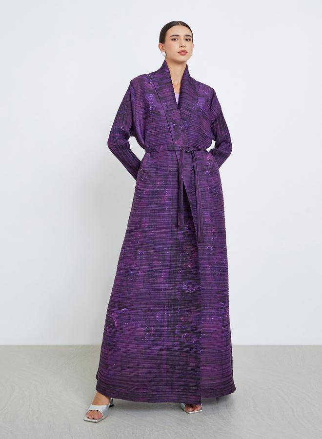 Take Two Solid Textured Pleated Belted Long Sleeve Abaya - Image 2