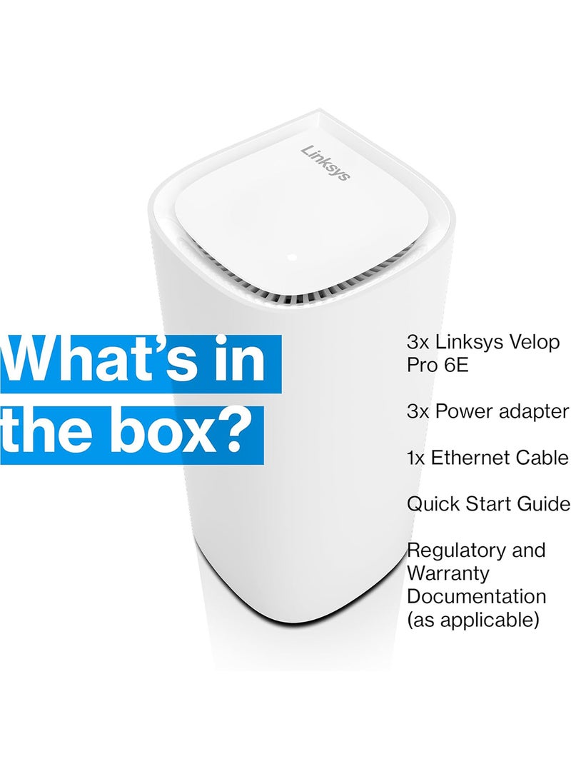 لينكسيس نظام Velop Pro WiFi 6E ثلاثي الموجات MX6203-KE - جهاز توجيه شبكي معرفي مع وصول نطاق 6 جيجا هرتز وسرعة جيجابت حقيقية 5.4 جيجابت في الثانية - تغطية منزلية كاملة تصل إلى 9000 قدم مربع و200 جهاز - 3 عبوات بيضاء - Image 4