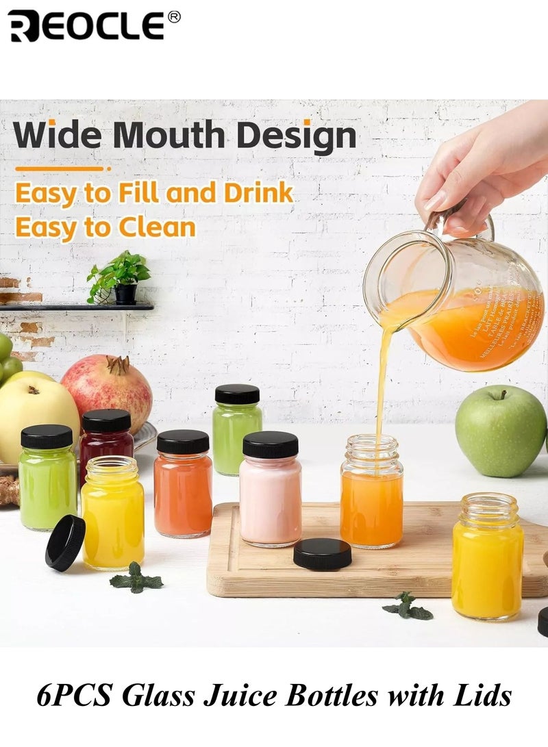 ريوكل 6 زجاجات عصير زجاجية بأغطية حاويات سفر قابلة لإعادة الاستخدام لجرعات الزنجبيل ومنشطات الصحة وعينات الويسكي للاستخدام المنزلي والسفر - Image 1