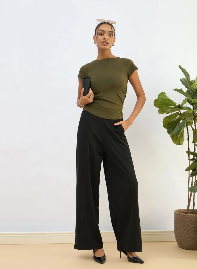 SASSAFRAS SASSAFRAS Olive Knitted Short Sleeve Ruched Crop Top