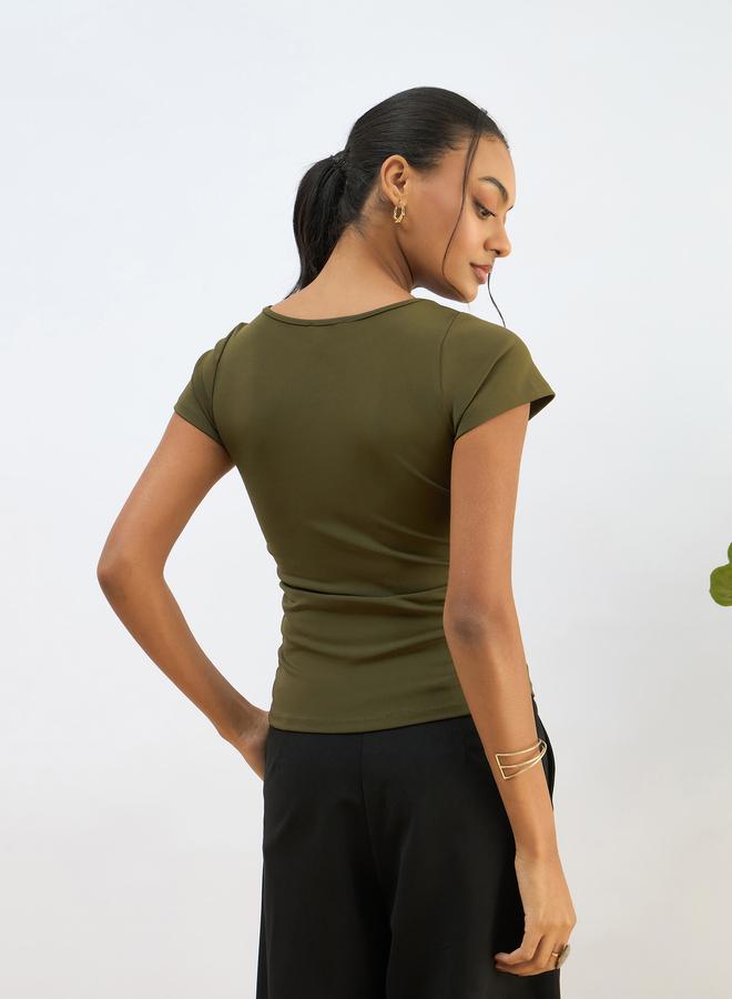 SASSAFRAS Olive Knitted Short Sleeve Ruched Crop Top - Image 5